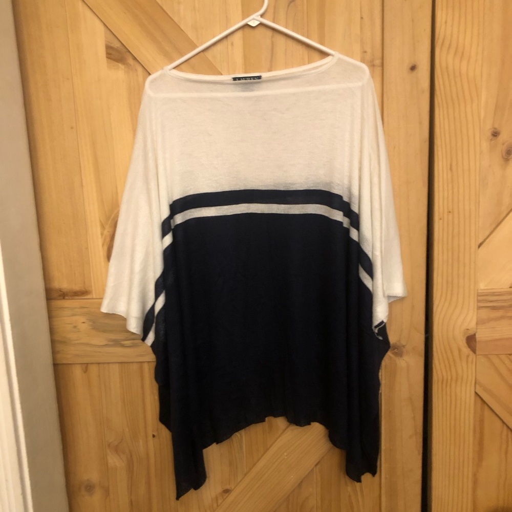 Ralph Lauren Navy and White Striped Poncho Sweater in Ivory & Blue One Size